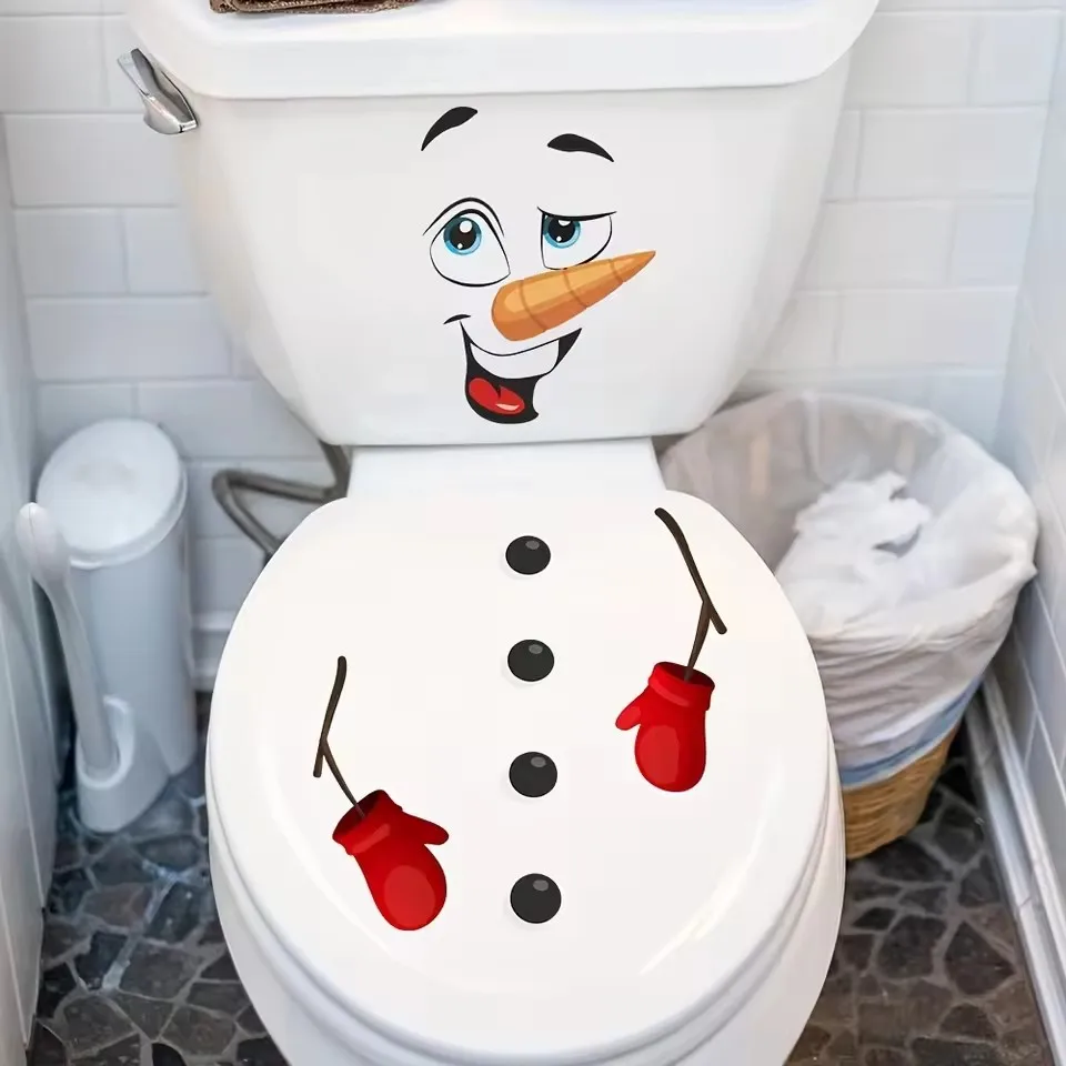 Christmas Snowman Toilet Lid Decal, Waterproof Self-Adhesive PVC Bathroom Sticker, Festive Holiday Xmas Home Party Decoration