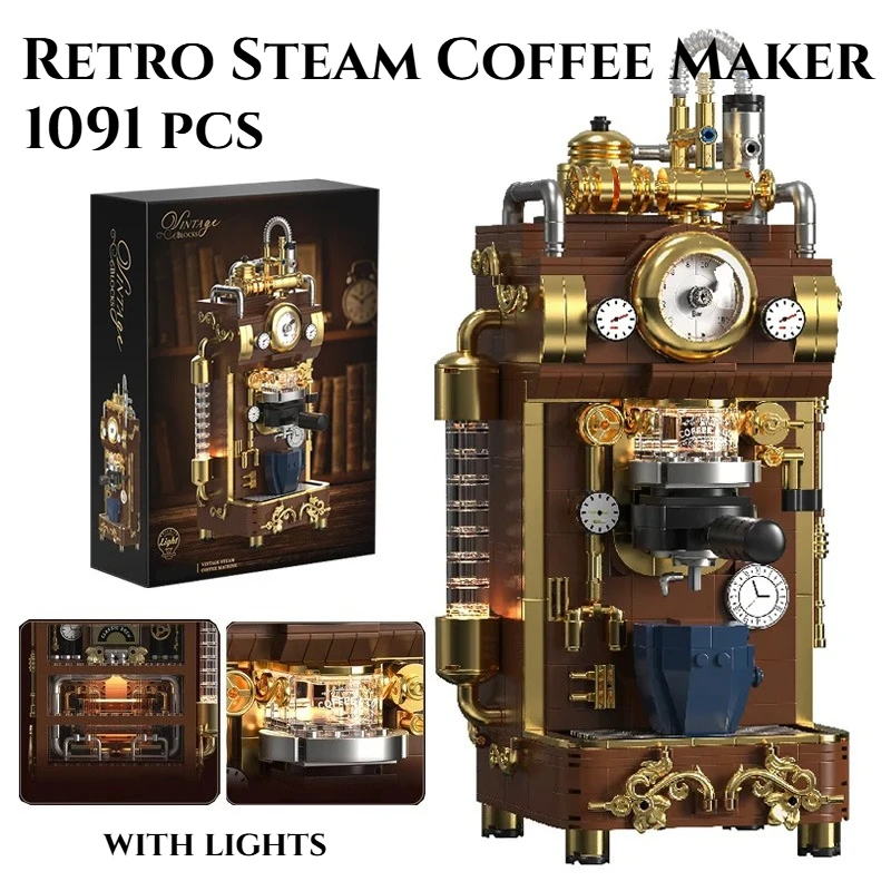

1091PCS Retro Steam Coffee Maker Building Blocks,Vintage Design Espresso Machine Home Decor Bricks Set Classic Toy Birthday Gift