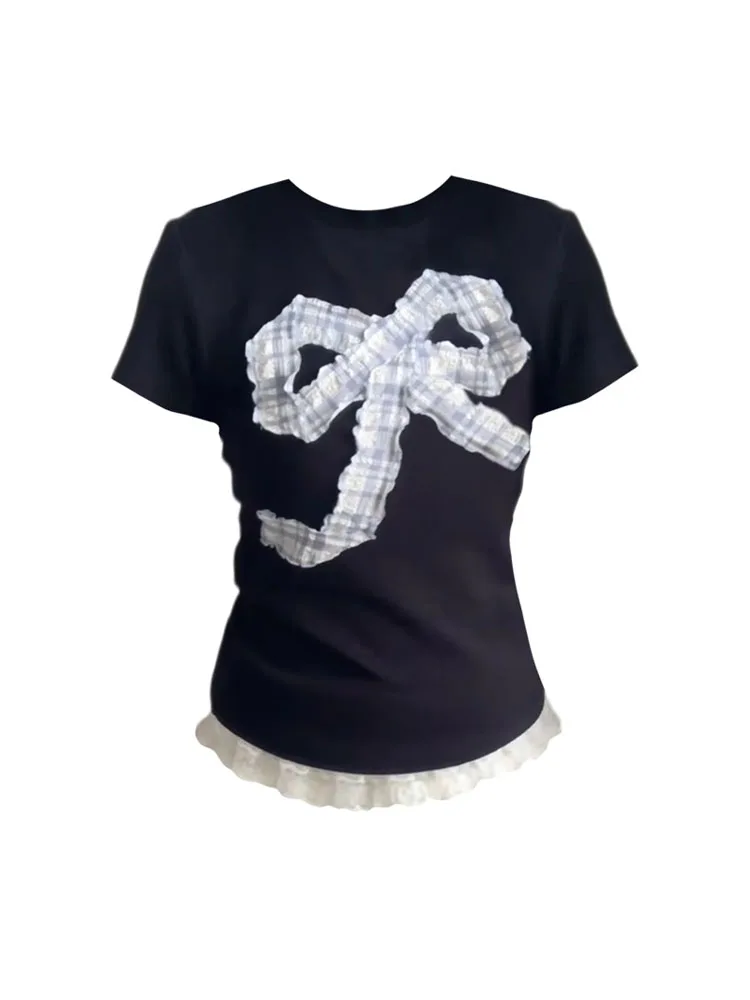 

American Style New Design Black O-Neck Bow Print T-Shirts Women Slim Short Sleeve Top Summer 2024 Fashion Sweet Tees Harajuku