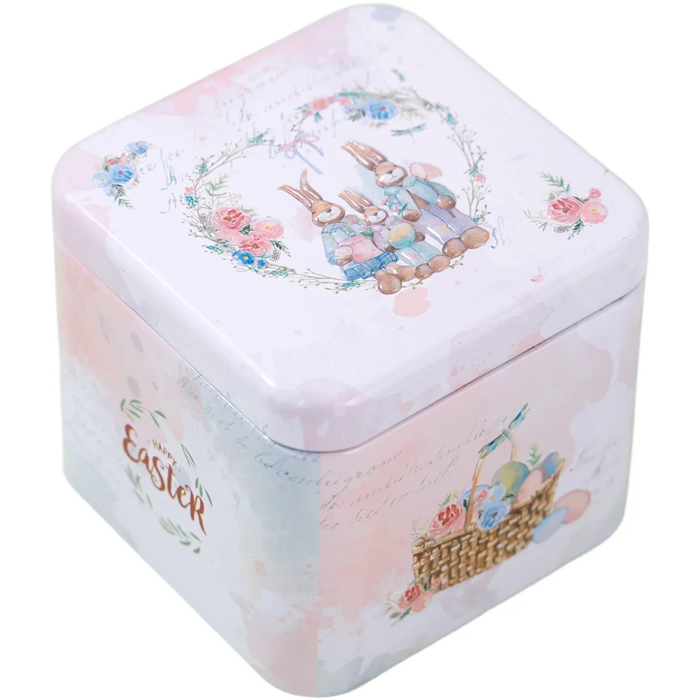 Easter Bunny Metal Tin Container with Festive Design for Storing Cookies Candy and Party Favors Compact 7.5cm Cube Shape White