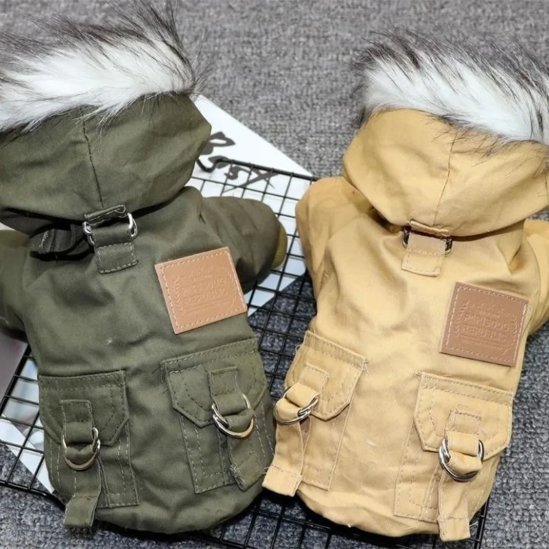 Autumn Winter Pet Dog Warm Padded Jacket Pet Winter Coat Double Fur Collar Cargo Cotton-padded Climbing Suit Puppy Supplies Coat