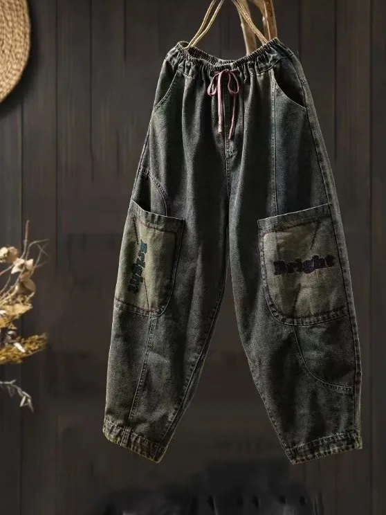 

Retro Embroidered Letter Large ket Casual Loose Women's Jeans Harajuku Sle Autumn New Arrival Vintage Waed Denim Pants