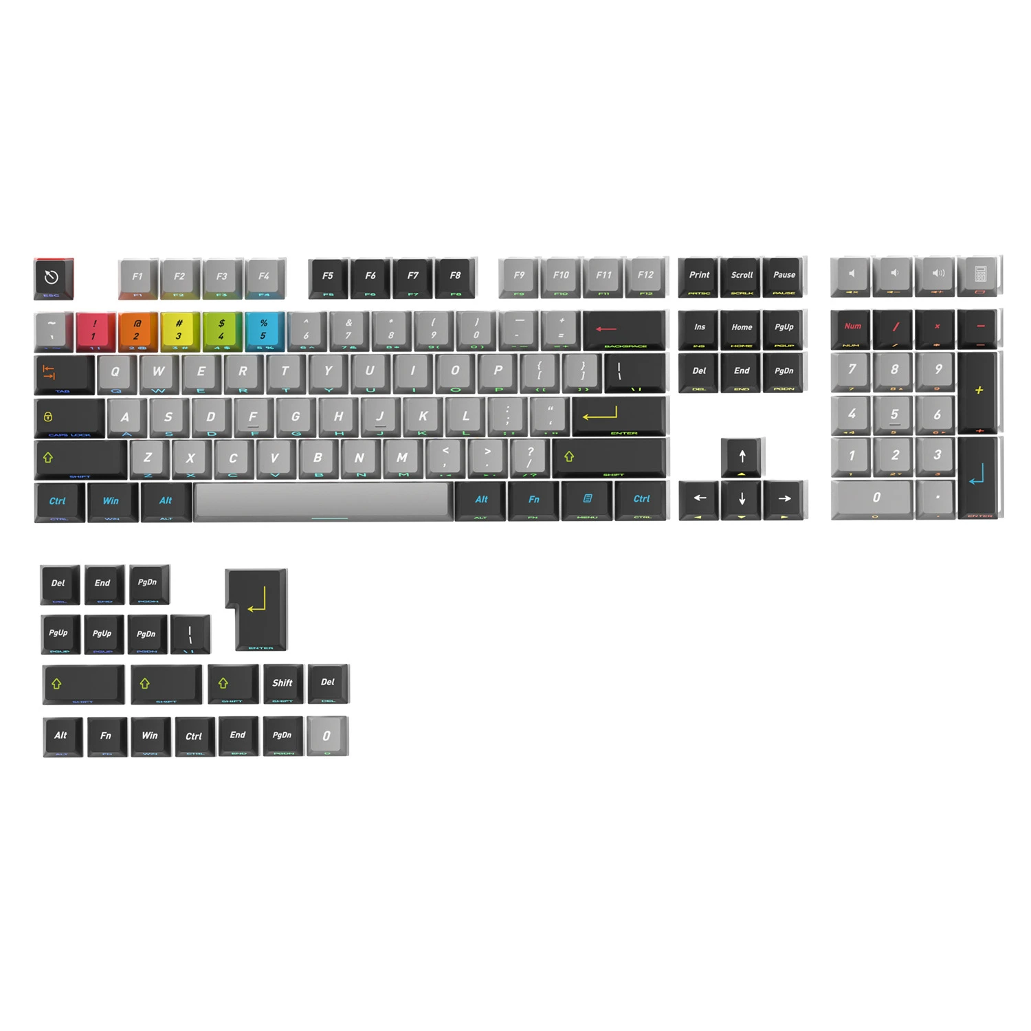 Szare klawisze z bocznym podświetleniem Gray Prelude, 128 klawiszy, materiał PBT, profil Cherry, klawisze do klawiatury mechanicznej z przełącznikami MX, układ ISO ANSI. — zdjęcie produktu 3
