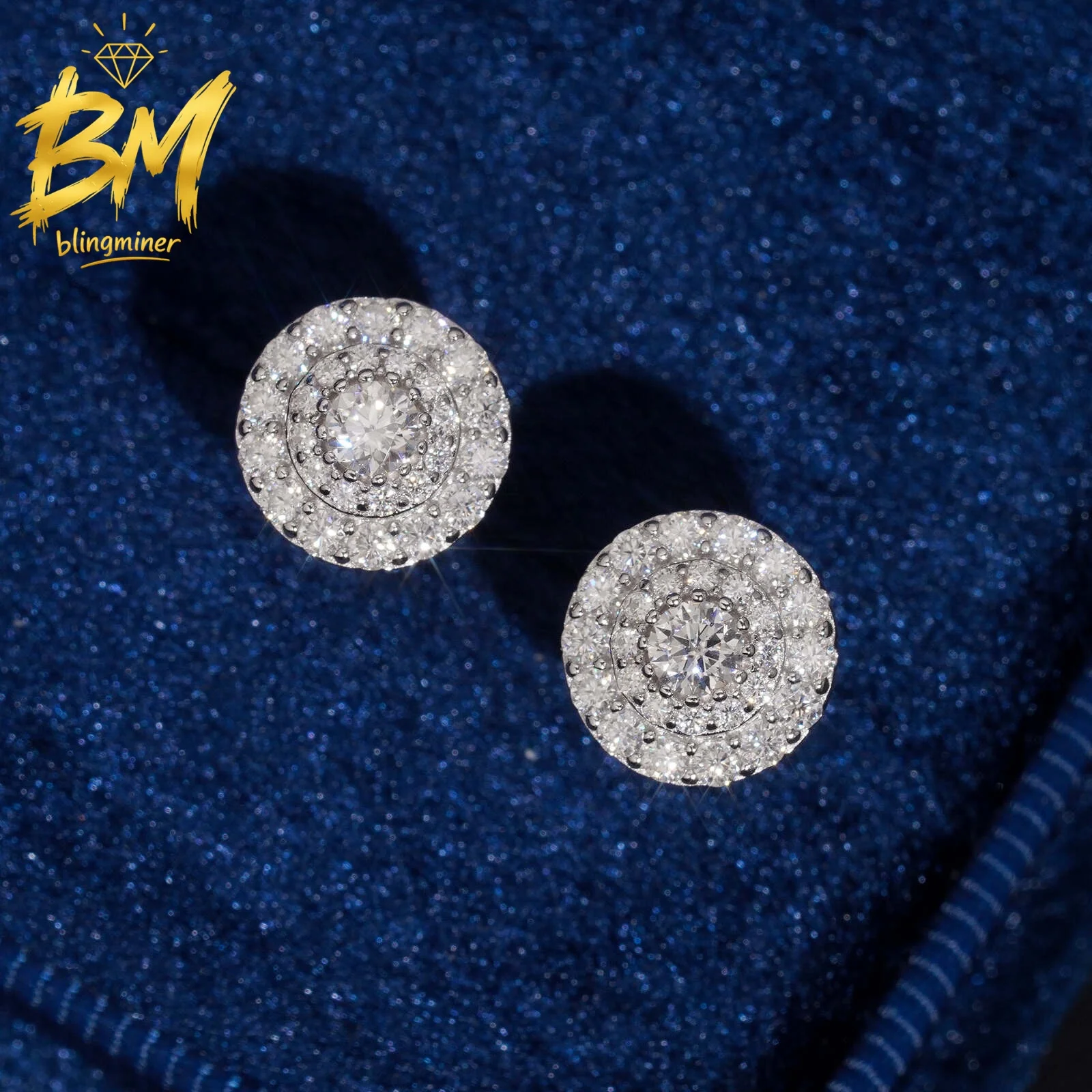Blingminer Fine Round VVS Moissanite Earrings For Men Women S925 Silver Ear Studs Jewelry Pass Diamonds Tester GRA Free Shipping