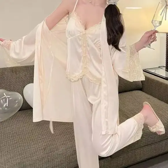 

3 Princess Lace Cami&Trousers Bathrobe Pyjamas Suit Women Rayon Nightwear Home Clothes Spring Summer Sleepwear Pajamas Set