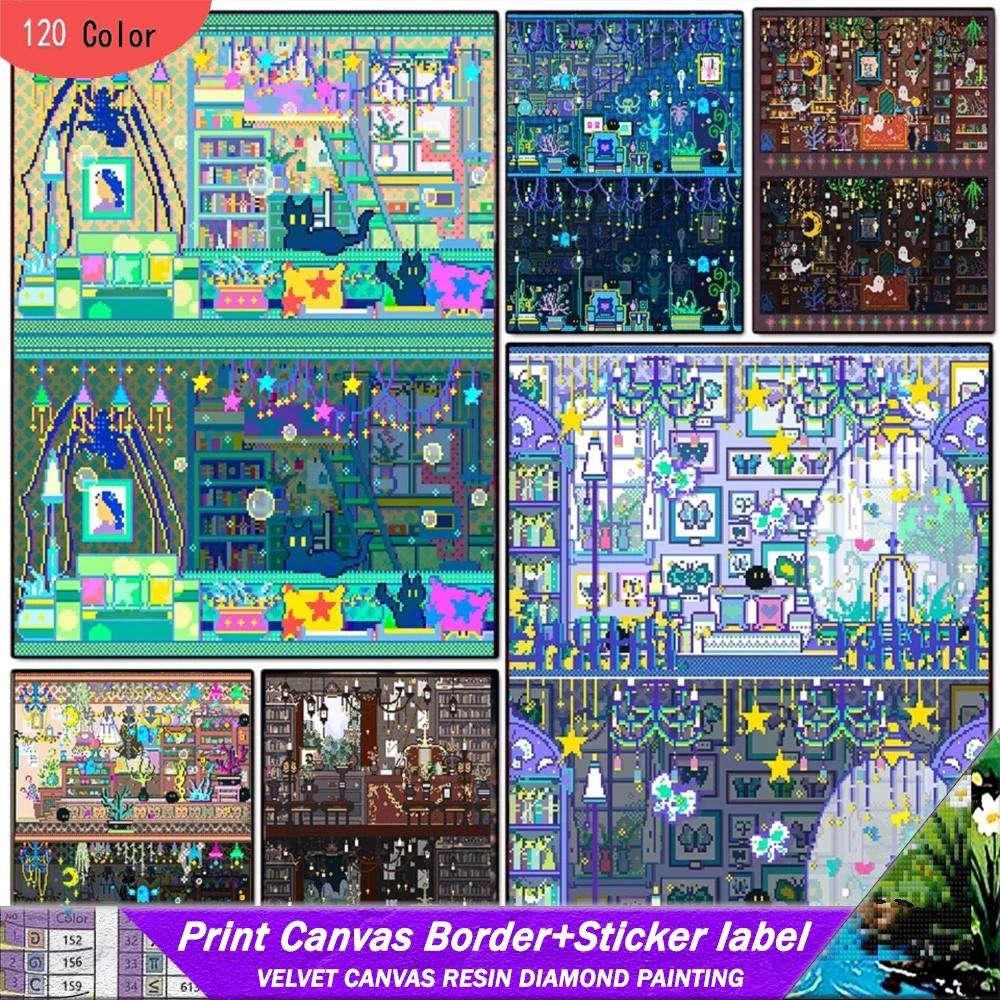 

120-цветная алмазная живопись из смолы с наклейками, новая коллекция, алмазное искусство, пиксель, модульная красочная аниме-пейзаж, вышивка крестиком