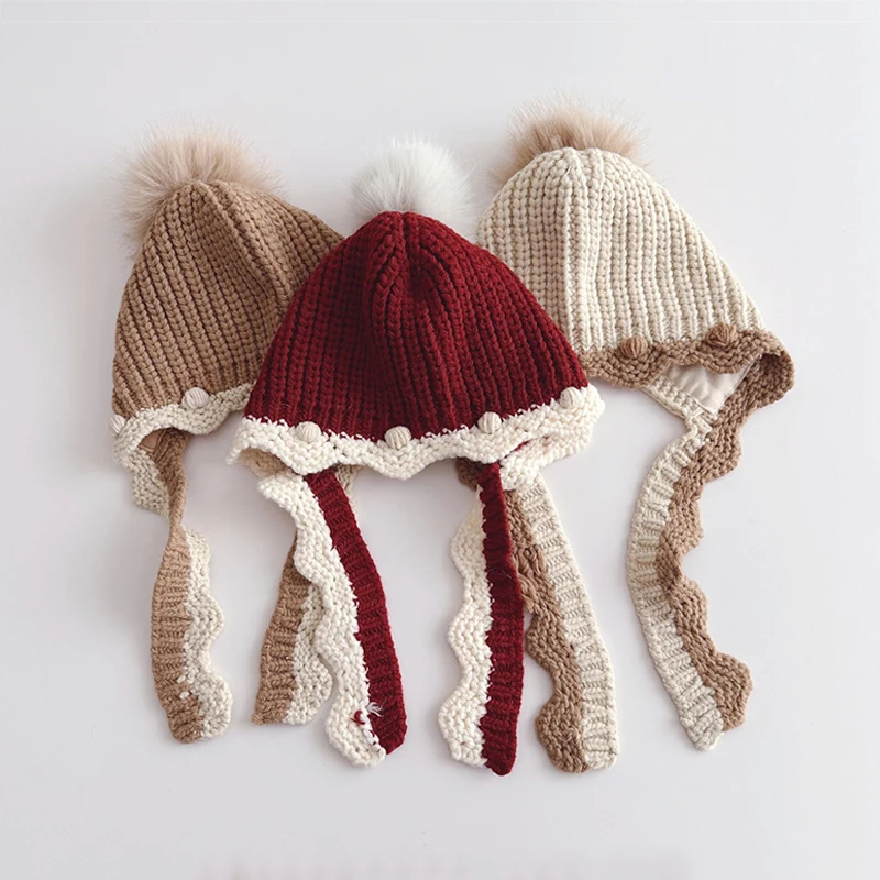 Winter Baby Girls Hat Ear Protection Thick Knit Christmas Hats Lace Ball Kids Beanie Outdoor Windproof Princess Warm Accessories