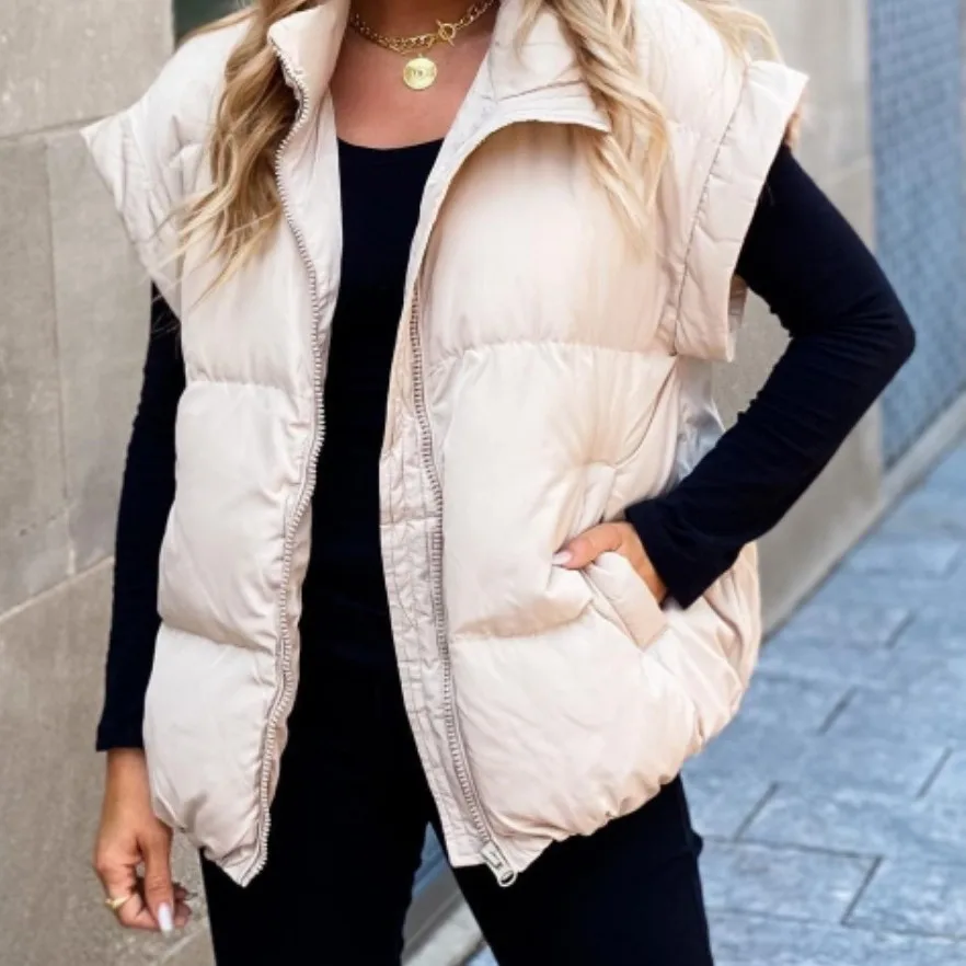 

2025 New Women's Clothing Solid Color Zipper Pocket Cotton Clothes Vest Fashion Stand-up Collar Temperament Commuter Jacket
