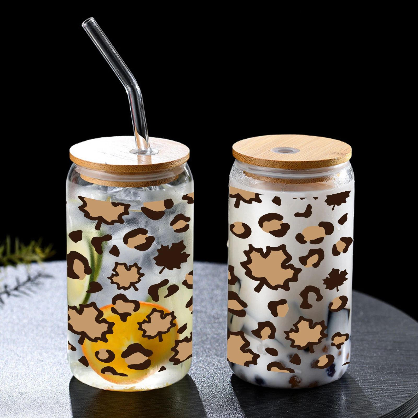 16oc Libbey Glass Tumbler Leopard Leaves 3d Printed 16oz Sublimation Glass Can With Lid&Straw Coffee Glass Mug Holiday Glass Can