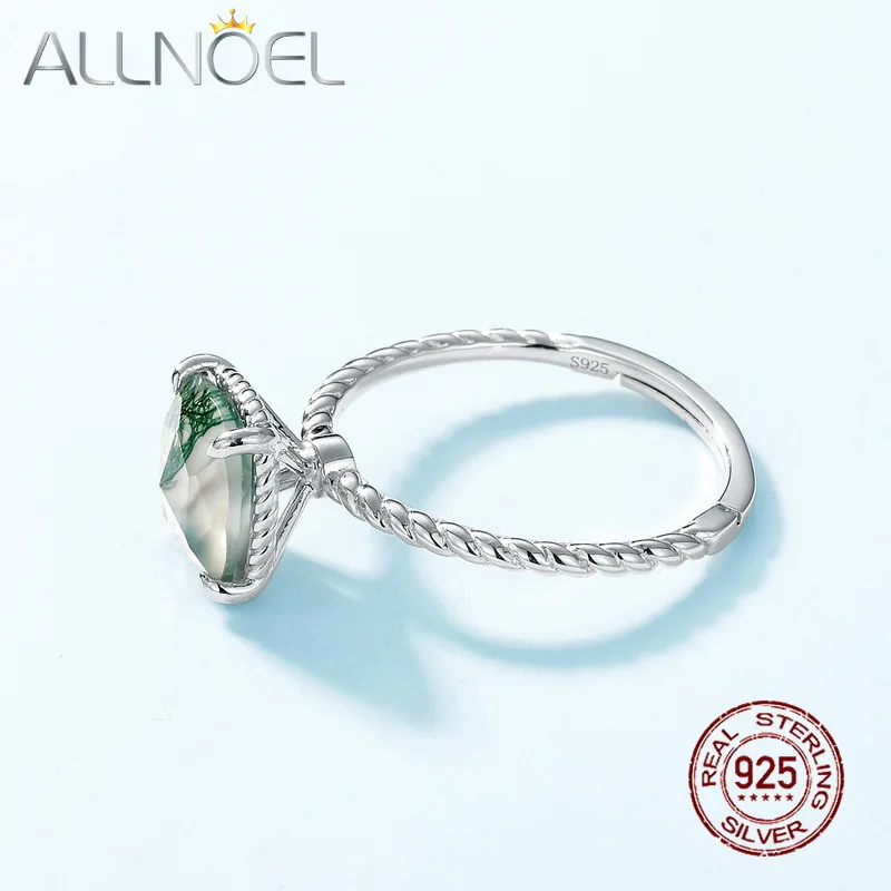 

ALLNOEL Aquatic Square Agate Ring Women's 925 Sterling Silver Green Moss Ring Simple Little Finger Ring Fine Jewelry Party Gifts