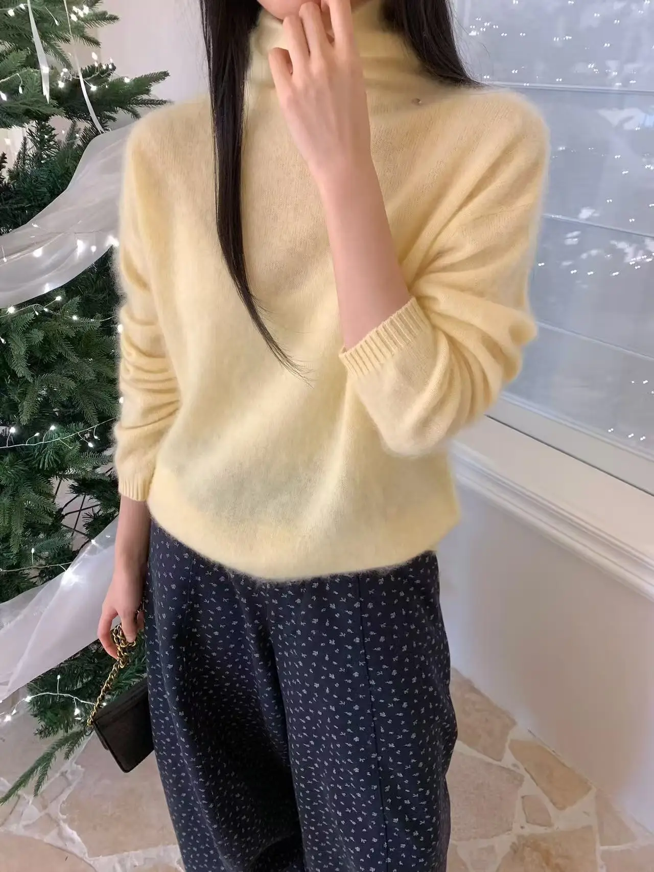 

Korean Sle High Ne Wool Camere Fce Pull over Knitted Sweater Warm Autumn Winter Women's Loose Fit Soft Pure Color