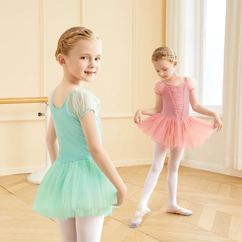 Girls Ballet Tutu Dress Ballet Skirted Leotards Puff Sleeve Ballet Leotards Kids Dance Gauzy Skirts Ballet Dance Bodysuits