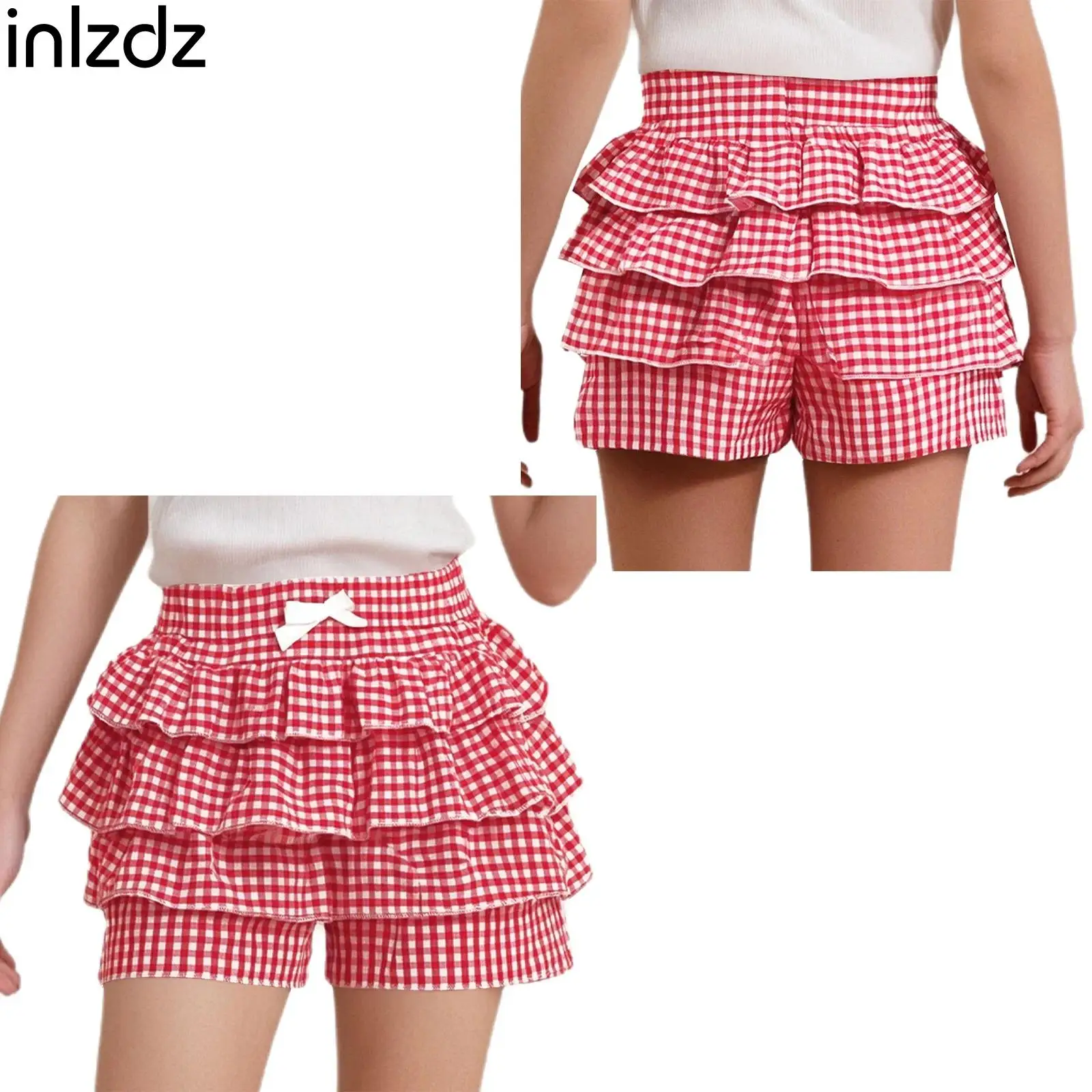 

Kids Girls Lolita Skirts Bow Elastic Waistband Tiered Ruffle Plaid Shorts for Halloween Carnival Theme Party Dance Stage Cosplay