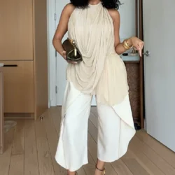 Casual Blouse For Women Trendy High Halter Bare Back Front Draped Gathered Irregular Hem Sleeveless Lady's Daily Commuter Top