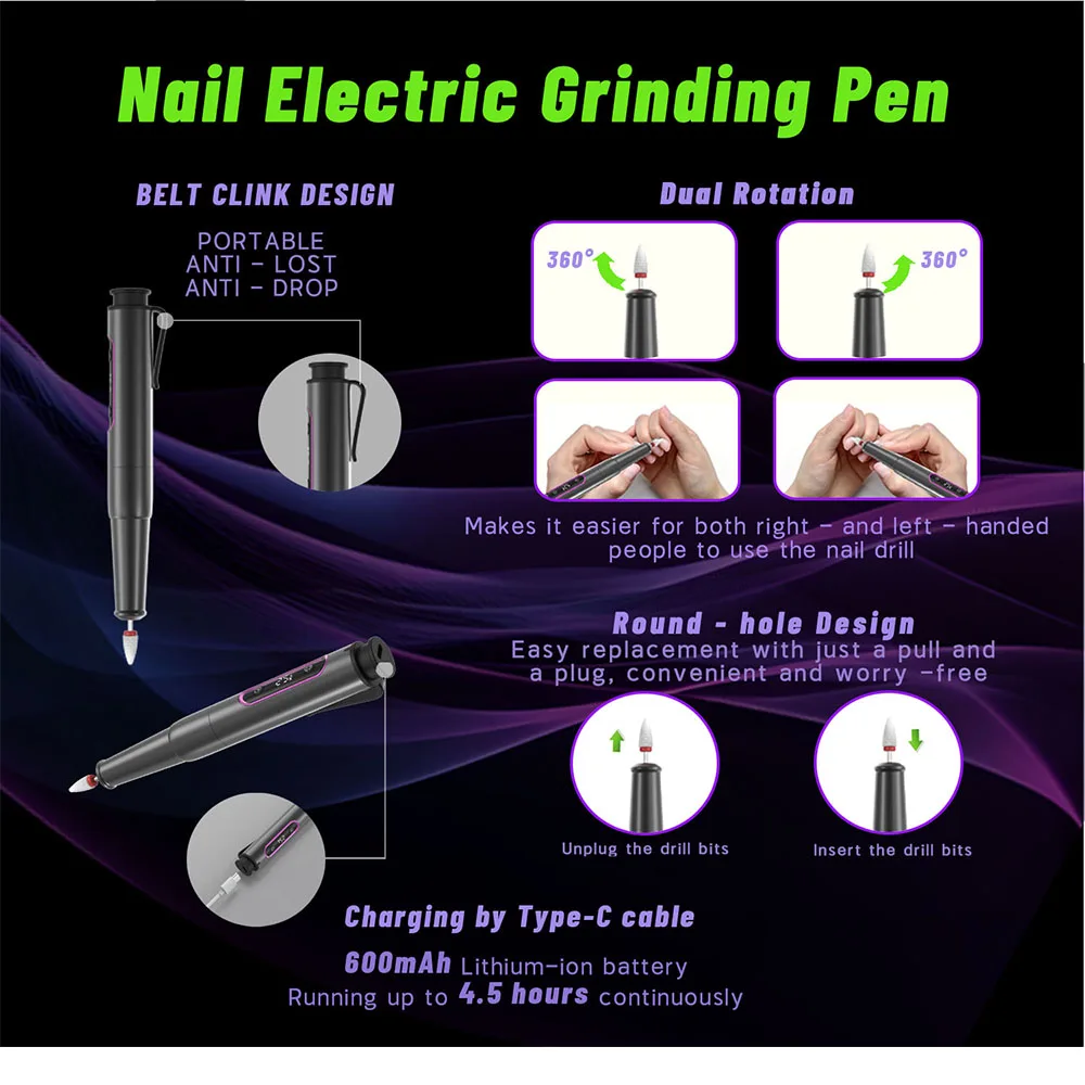 Portable Electric Cordless Nail Drill , with LCD Low Noise , High Speed , Professional Nail Polishers Nail Accessories Set 。