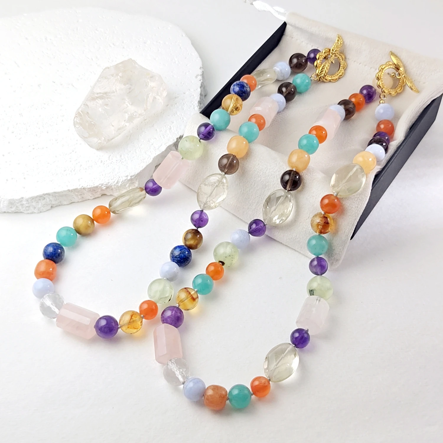 

Lii Ji Natural Mix Stone Colorful Beaded Necklace 48cm Stainless Steel Handmade Jewelry For Women Gift