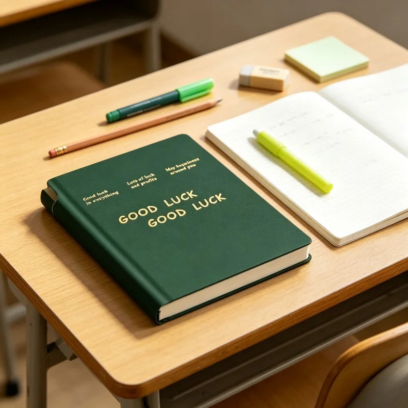 1Pc Good Luck Hot‑Stamping Pocket Notebook, Hardcover Pen‑Holder Morandi Mini Journal for Student & Office Daily Note‑Taking