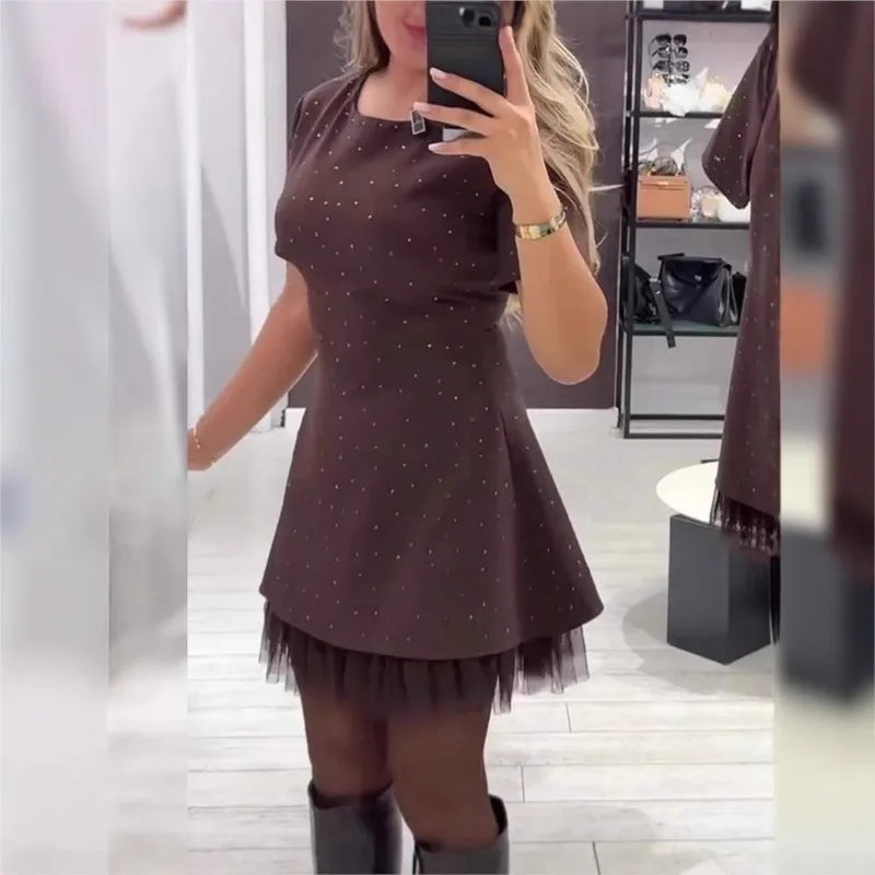 Mini robe élégante en diamant pour femmes, manches courtes, col rond, fil de maille épissé, jupe trapèze en dentelle, robes de soirée de vacances