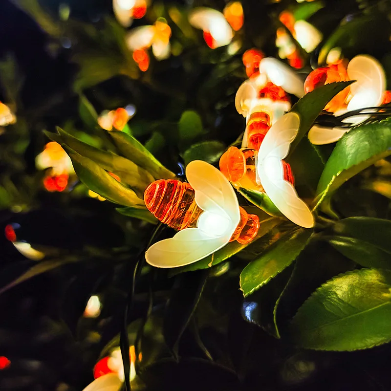 New Solar Powered 20/50/100leds Cute Honey Bee Led String Fairy Light Bee Outdoor Garden Fence Patio Wedding Garland Lights