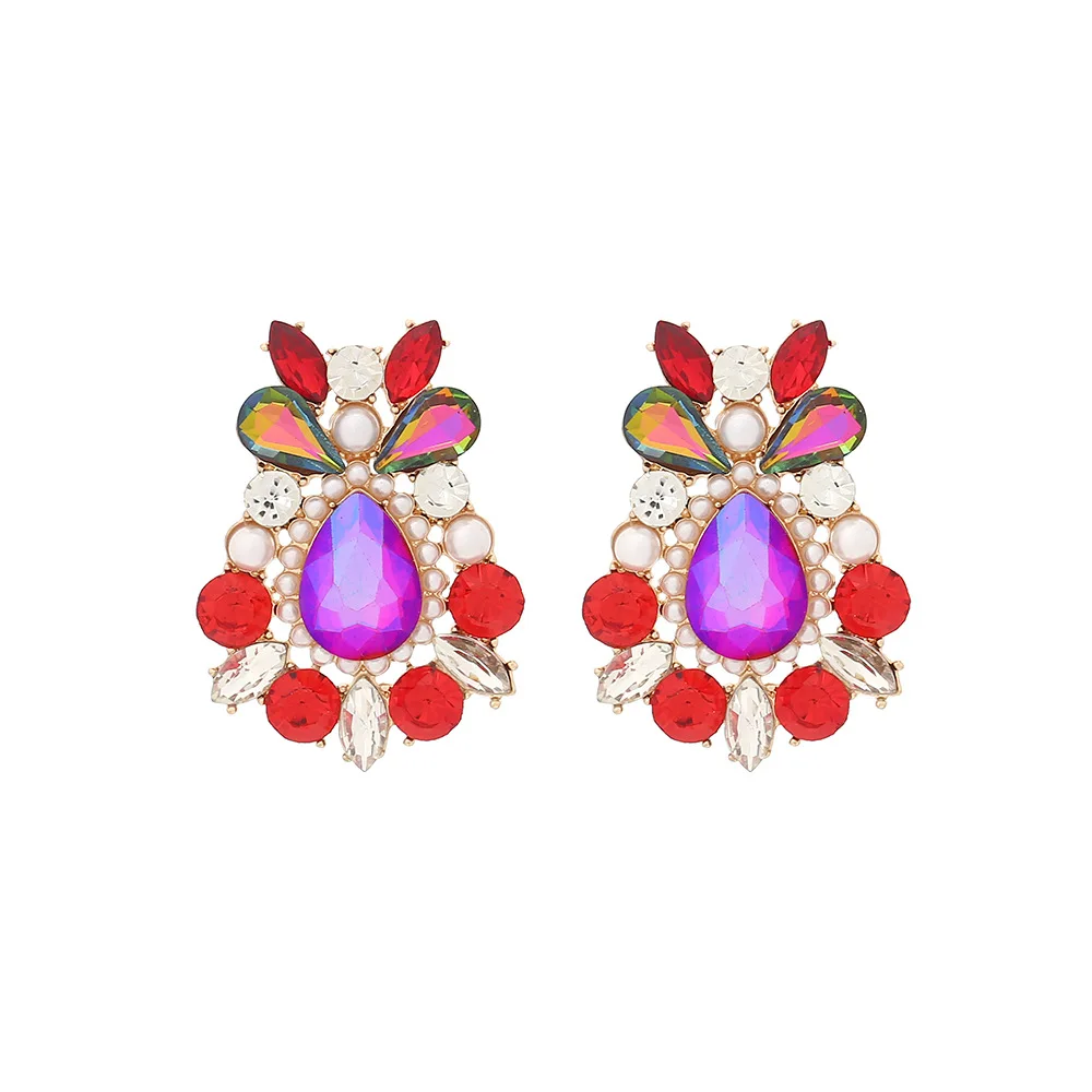 Super flash water drop-shaped colored diamond flower stud earrings exaggerated imitation pearl rhinestone flower earrings retro