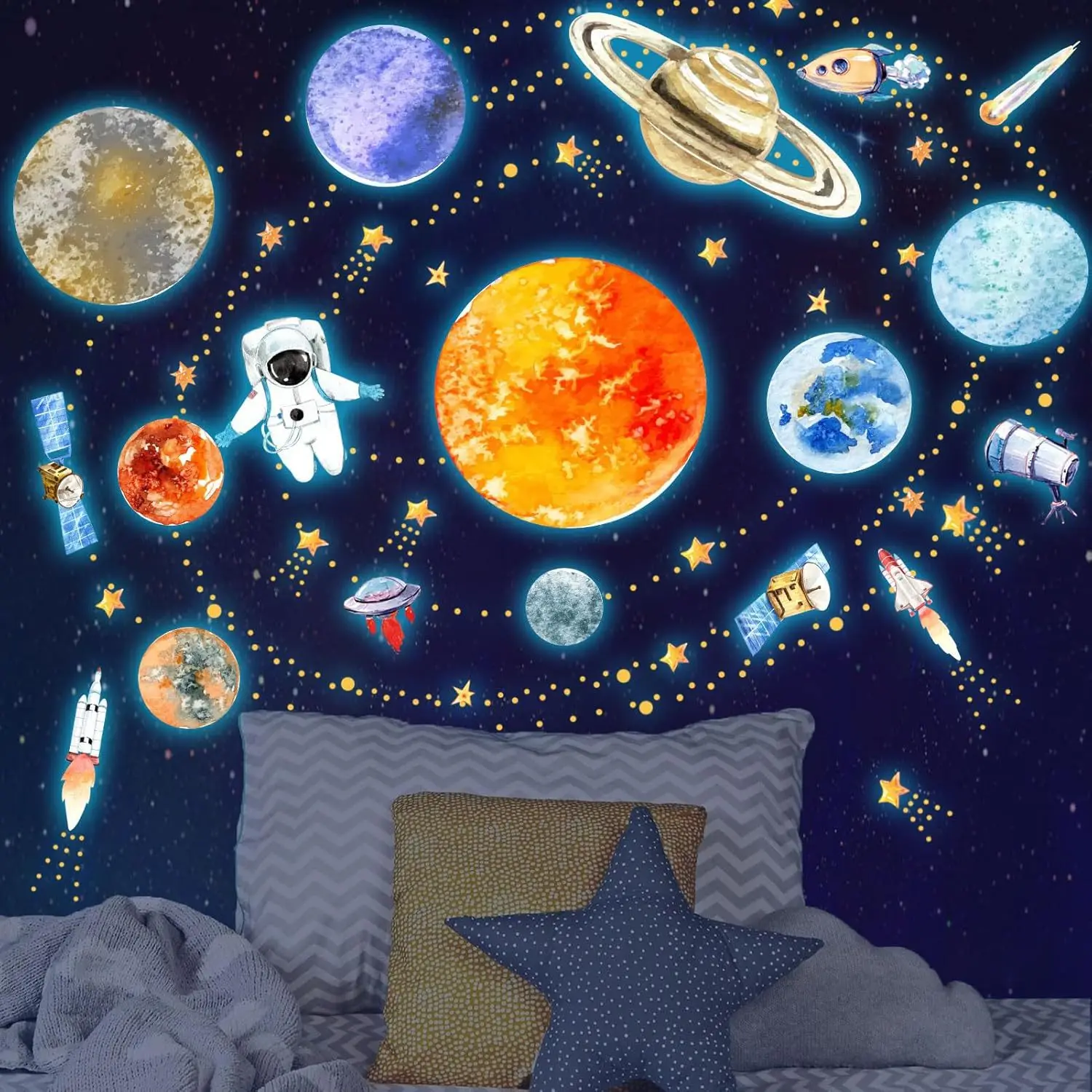 Glow in The Dark Stars Wall Stickers Glowing Solar System Planets for Ceiling Luminous Spaceship Wall Decals DIY Kids Room Decor