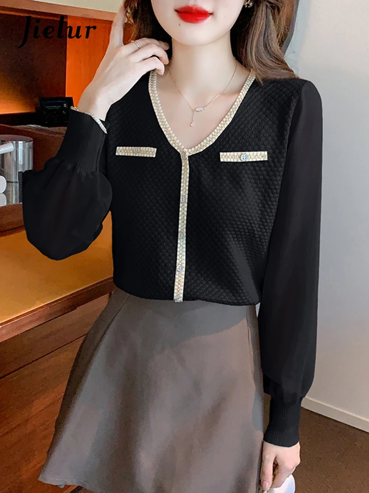 Jielur Autumn New Sweet Chiffon Women Blouse Ladies Elegant Long Sleeve Blouse Woman French White Black Apricot Knitted Top