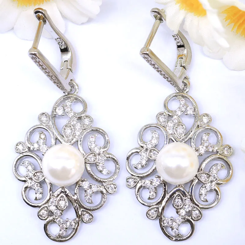 

46x22mm SheCrown Pretty Hollow White Pearl White Sapphire CZ Woman's Wedding Silver plated Earrings
