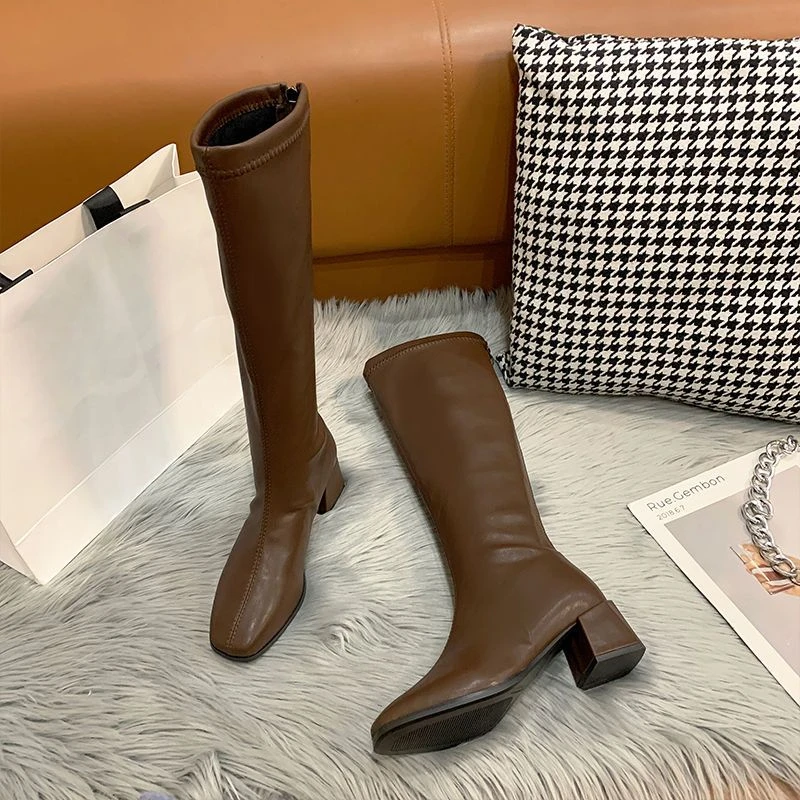 Ladies Boots Footwear Shoes for Women Leather Winter Knee High Shaft Middle Heel Long Brown Chic and Elegant Boot New in Hot