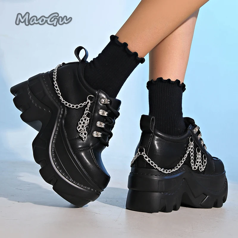 Gothic Punk Chunky Sneakers for Women PU Black Chain Decor