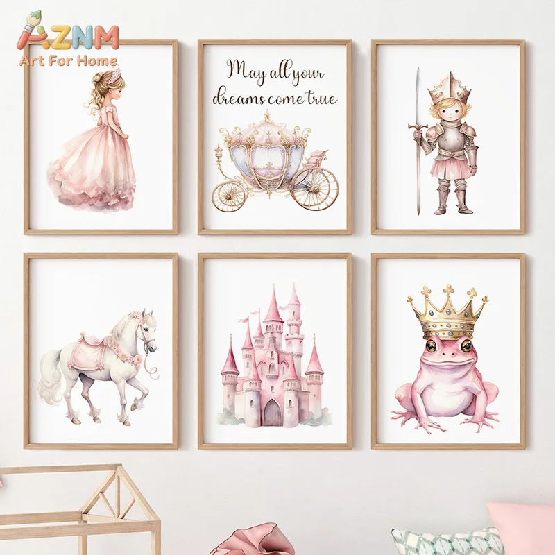 AZNM Pink Watercolor Princess Castle Canvas Wall Art Print, Knight White Horse Frog Prince Carriage Fairy Tale Girls Nursery Bed