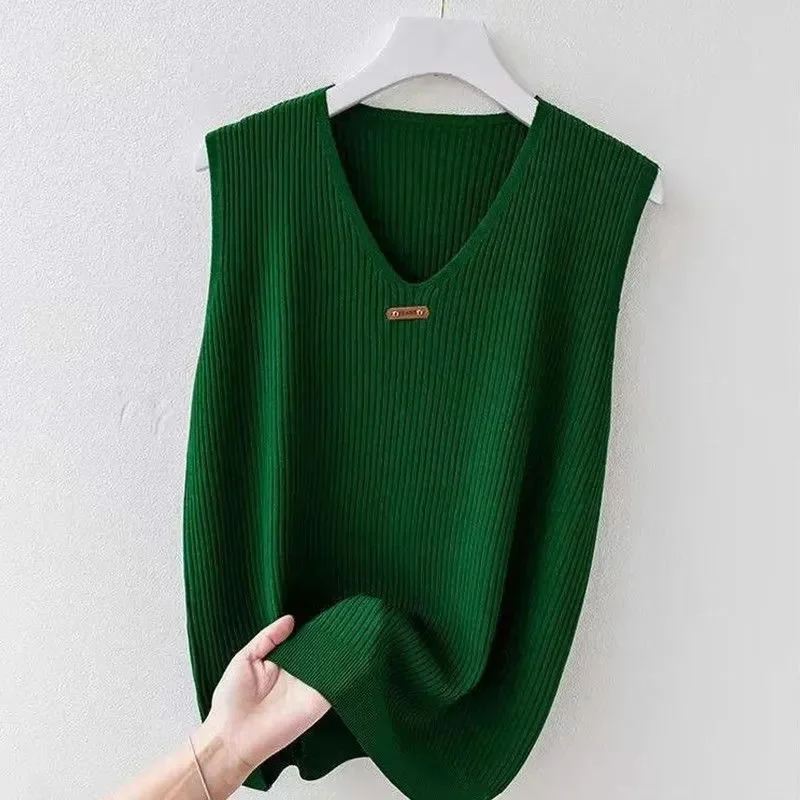 Women's Sweater 2024 New Vest Oversize V-neck Knit Vest Summer New Outfit Suspender Sleeveless Blouse for Women Knitted Sweater