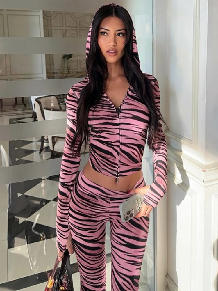 Women's Hooded Zipper Long Sleeve Cardigan Tops+Long Pants 2 Piece Set Female Zebra-stripe Leopard Printed Tracksuits Streetwear