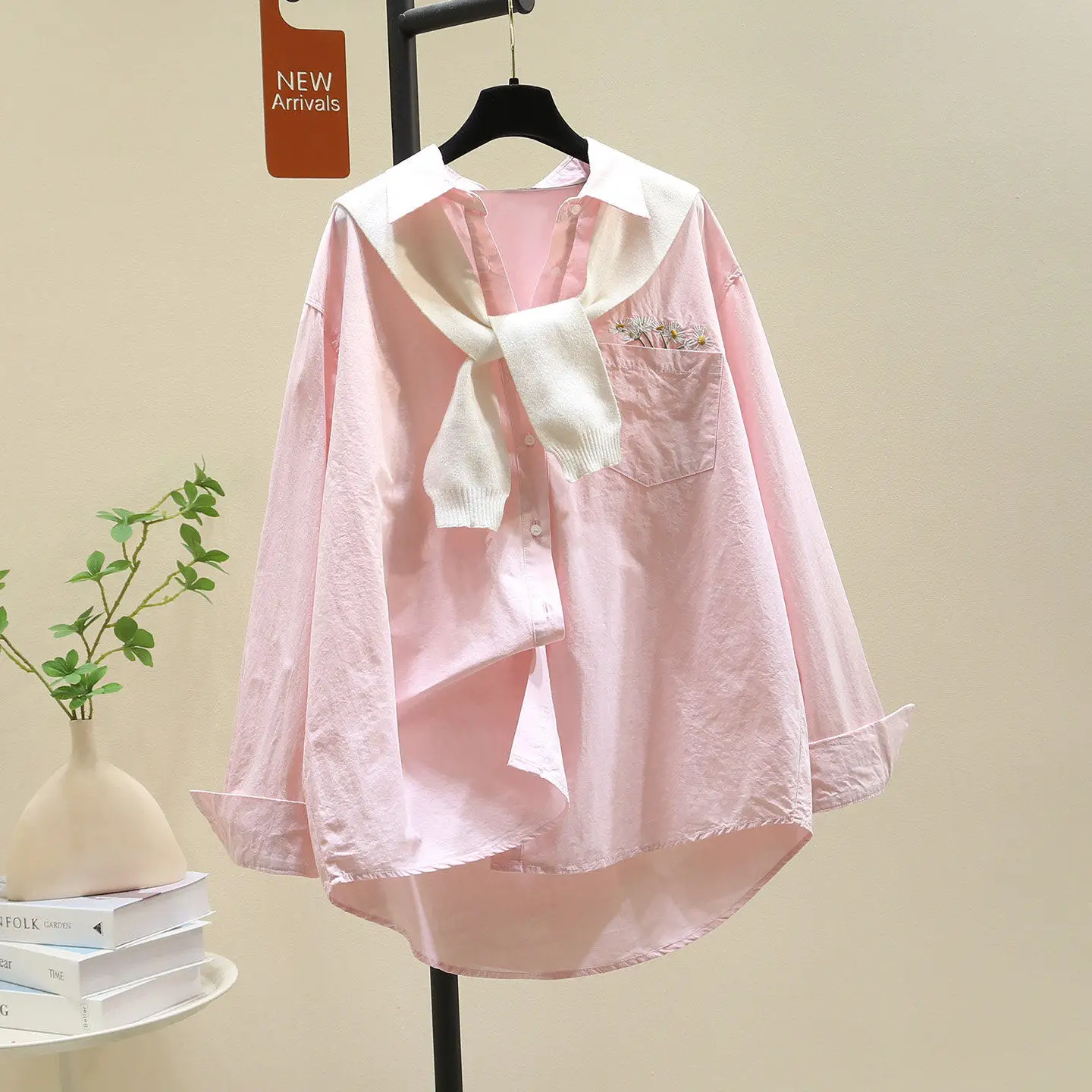 

SuperAen Sweet Styled Shawl Pink Long Sleeves Loose Mid-length Shirts Spring New Embroidered Design Casual Women Casual Shirts