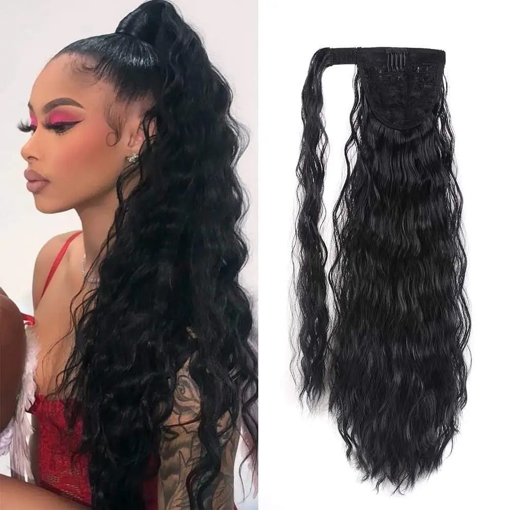 Synthetic Ponytail Extension 22 Inch Long Curly Hairpiece Corn Wave Clip in Wrap Around Heat Resistant for Women