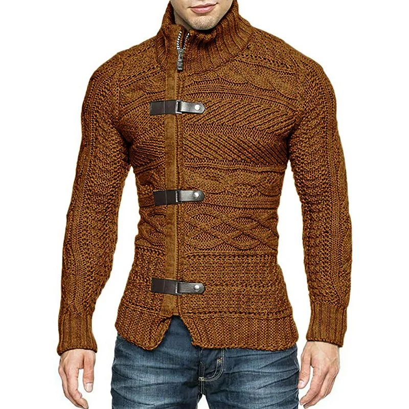 

2023 Men's Autumn and Winter Turtleneck Sweater Leather Ring Long Sleeve Knitted Cardigan