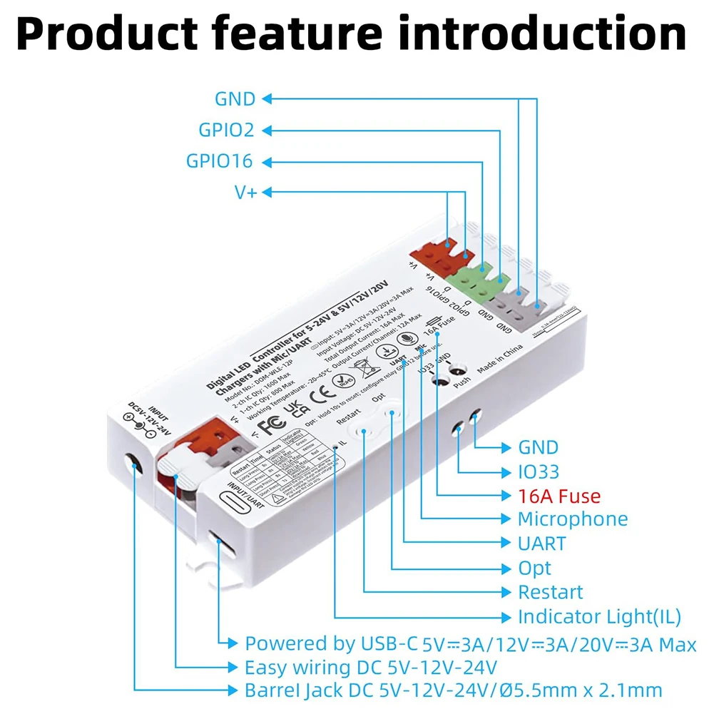 

Контроллер для цифровых светодиодных лент WLED на платформе ESP32, с номинальным током 16А, белый корпус, разъем USB-C, диапазон напряжения 5-24В