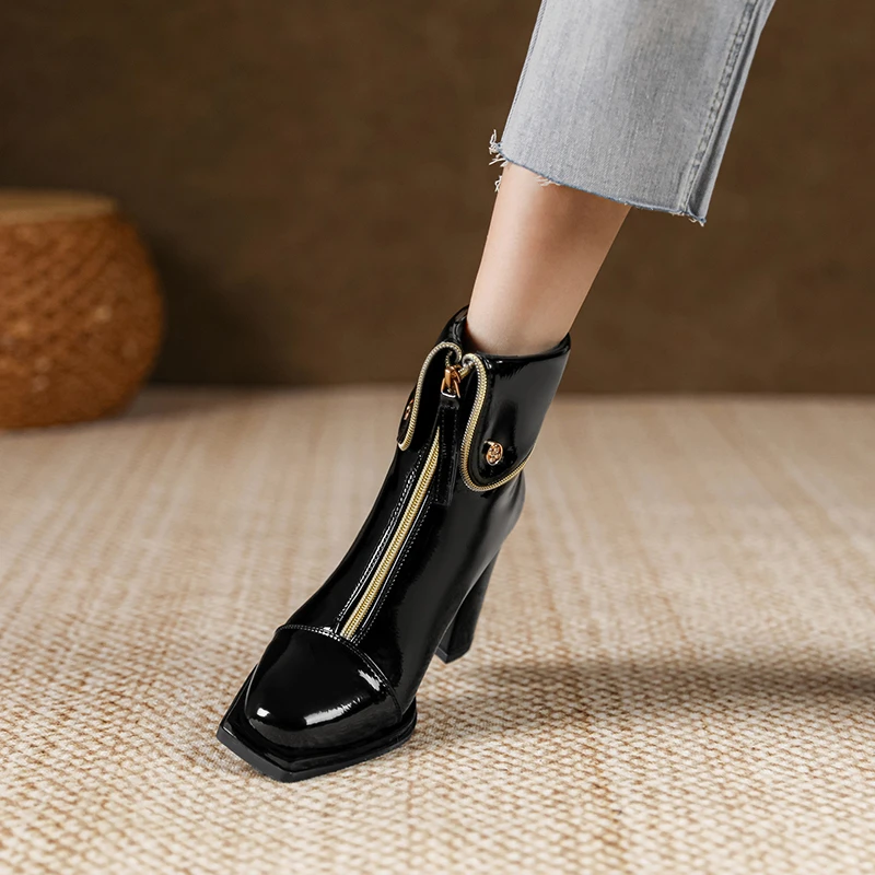 High Appearance Level Patent Leather Square Head Thick Front Zipper High Heel Foreign Style Comfortable Non-slip Boots for Women