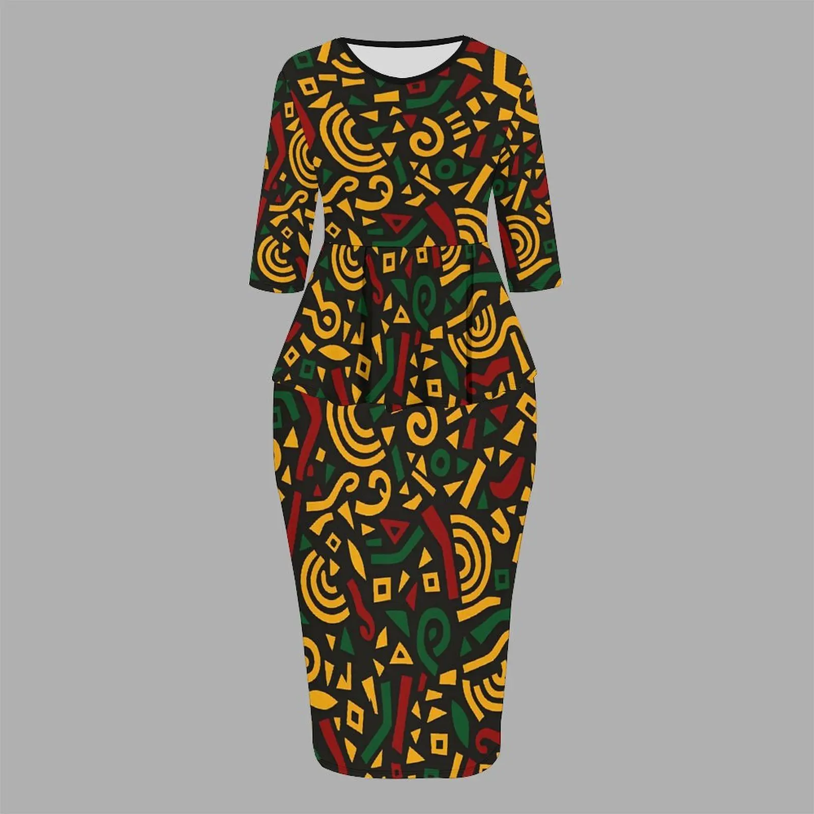 Autumnand Winter Crew Neckthree-quarter Sleeve  Ladies Tight-fitting Knee-length SkirtRetro Elegant Printed Party Two-piece Set