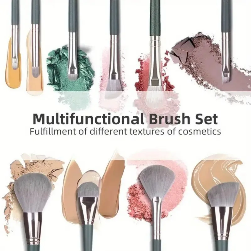 Ensemble de pinceaux de maquillage verts 14 pièces avec 2 éponges de mélange noires-Kit de maquillage professionnel complet pour fond de teint, Contour, Eyesha