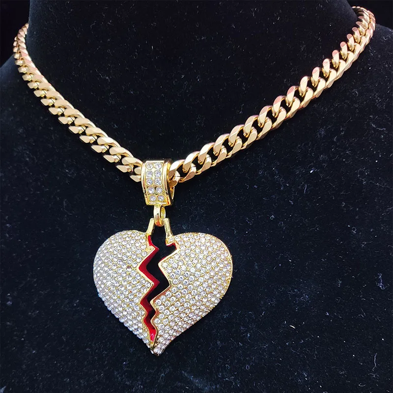 Men Hip Hop Heart Broke Iced Out Bling Pendant Necklace 7mm Width 316L Stainless Steel Chain Necklaces Hiphop Fashion Jewelry