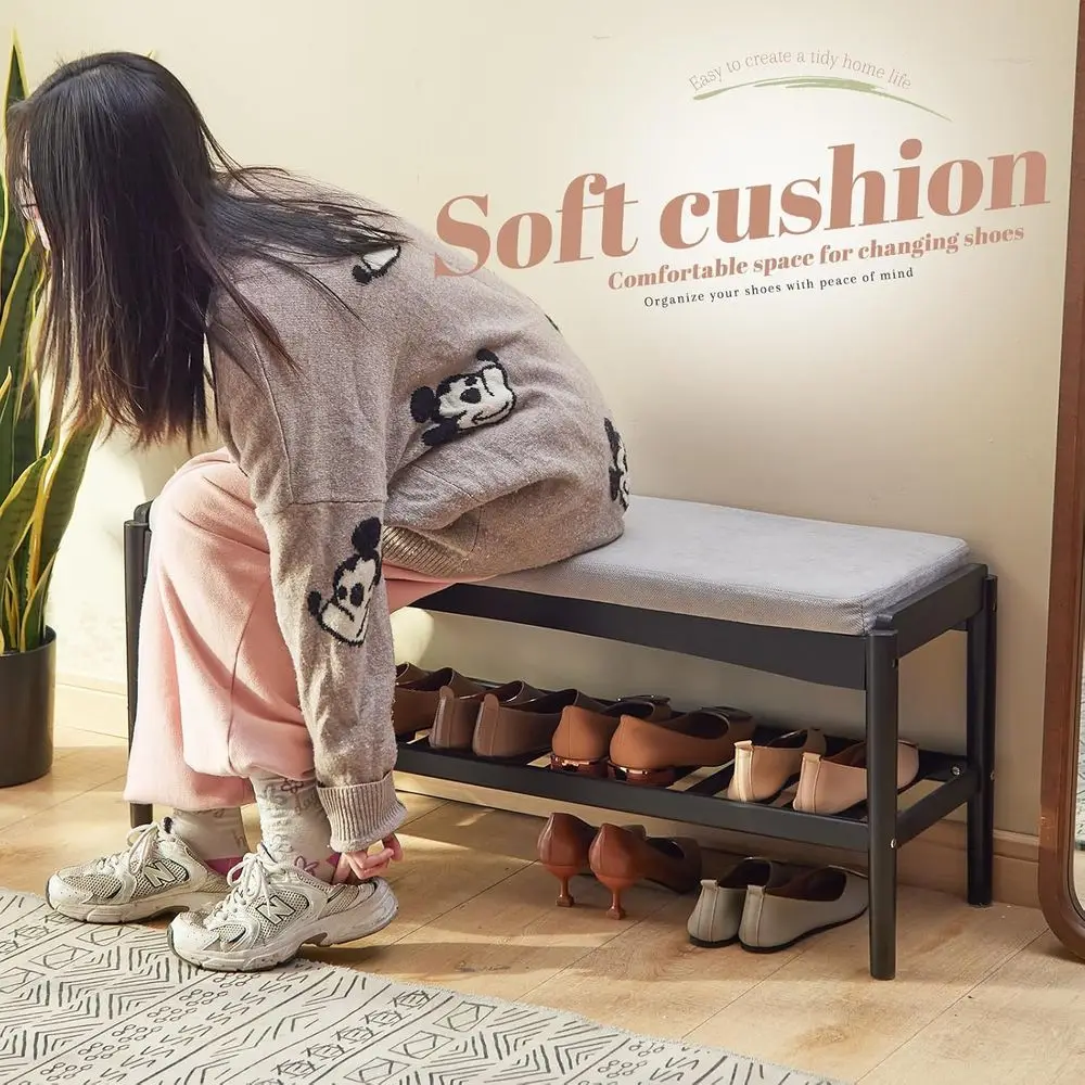 2-Tier Bamboo Shoe Rack with Cushioned Seat for Entryway, Hallway, Living Room, and Bedroom (Black-Gray, 39.4x11.4x16.5IN)
