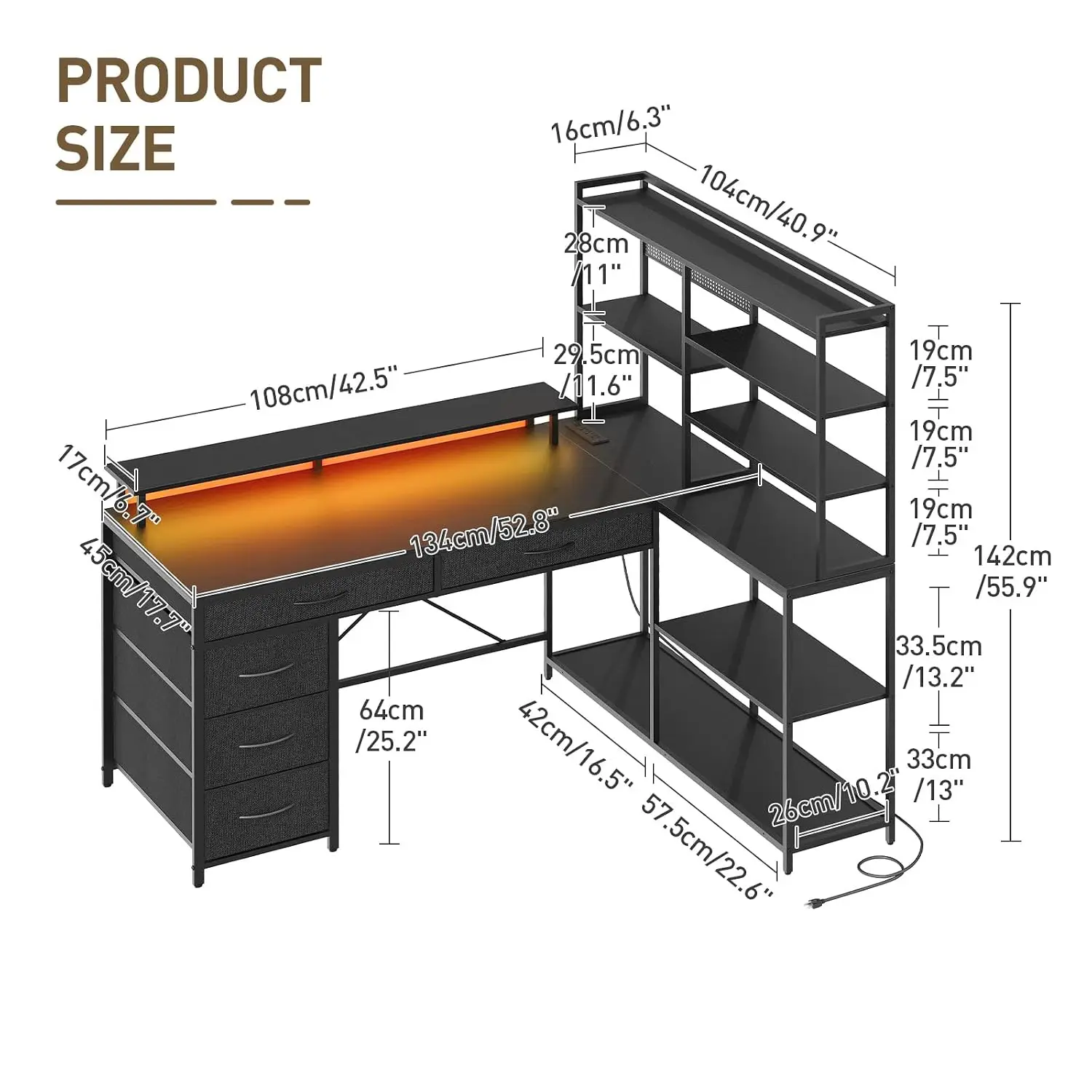 L Shaped Desk with Drawers & Shelves, 53'' Corner Desk with Power Outlets & LED Light, Monitor Stand & Pegboard, Customized