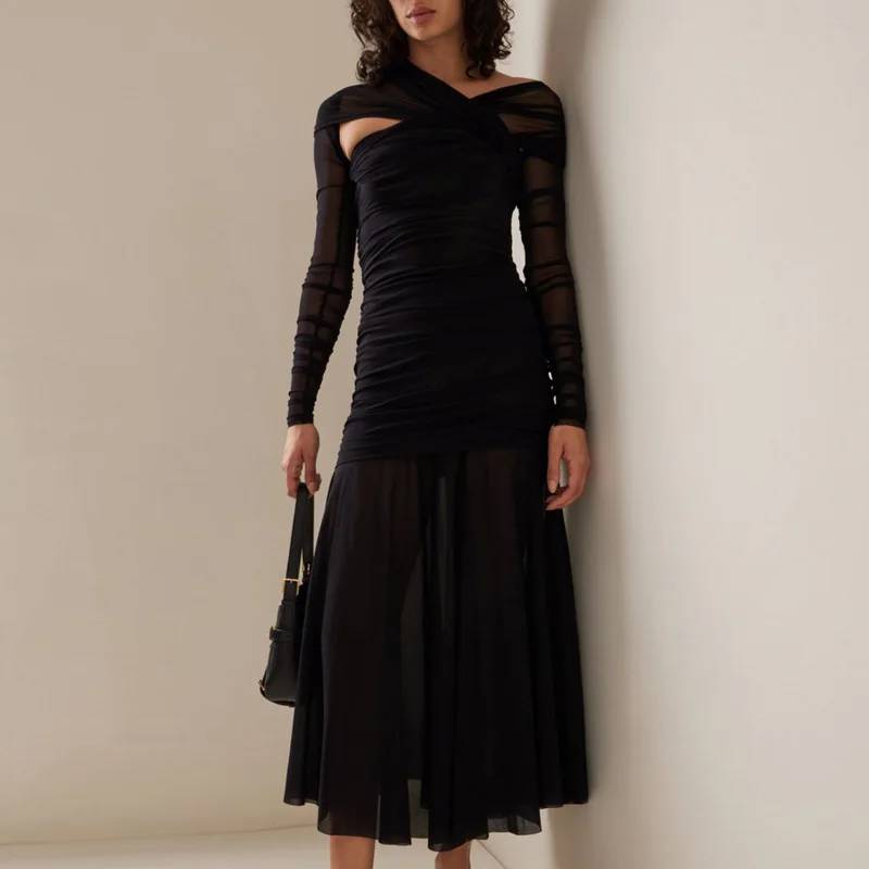 

Asymmetry Neck Black Chiffon See Through Long Sleeve Midi Dress A-line Sexy Club Gown Calf Length Party Dresses Ever Pretty