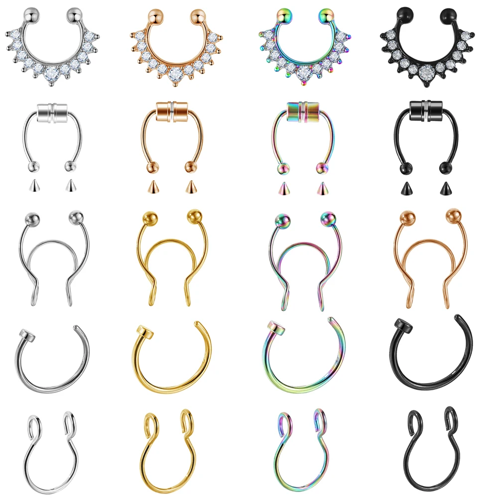 VKME Fake Piering Septum Nose Ring Punk Non Piercing C Clip Lip Ring Earring Stainless Steel Magnet Non Perforation Body Jewelry