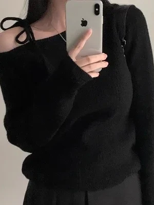 Schicker roter schulterfreier Strickpullover für Damen, Frühling und Herbst, weich, gemütlich, One-Shoulder-Design, Sensation, kleines ence-Top