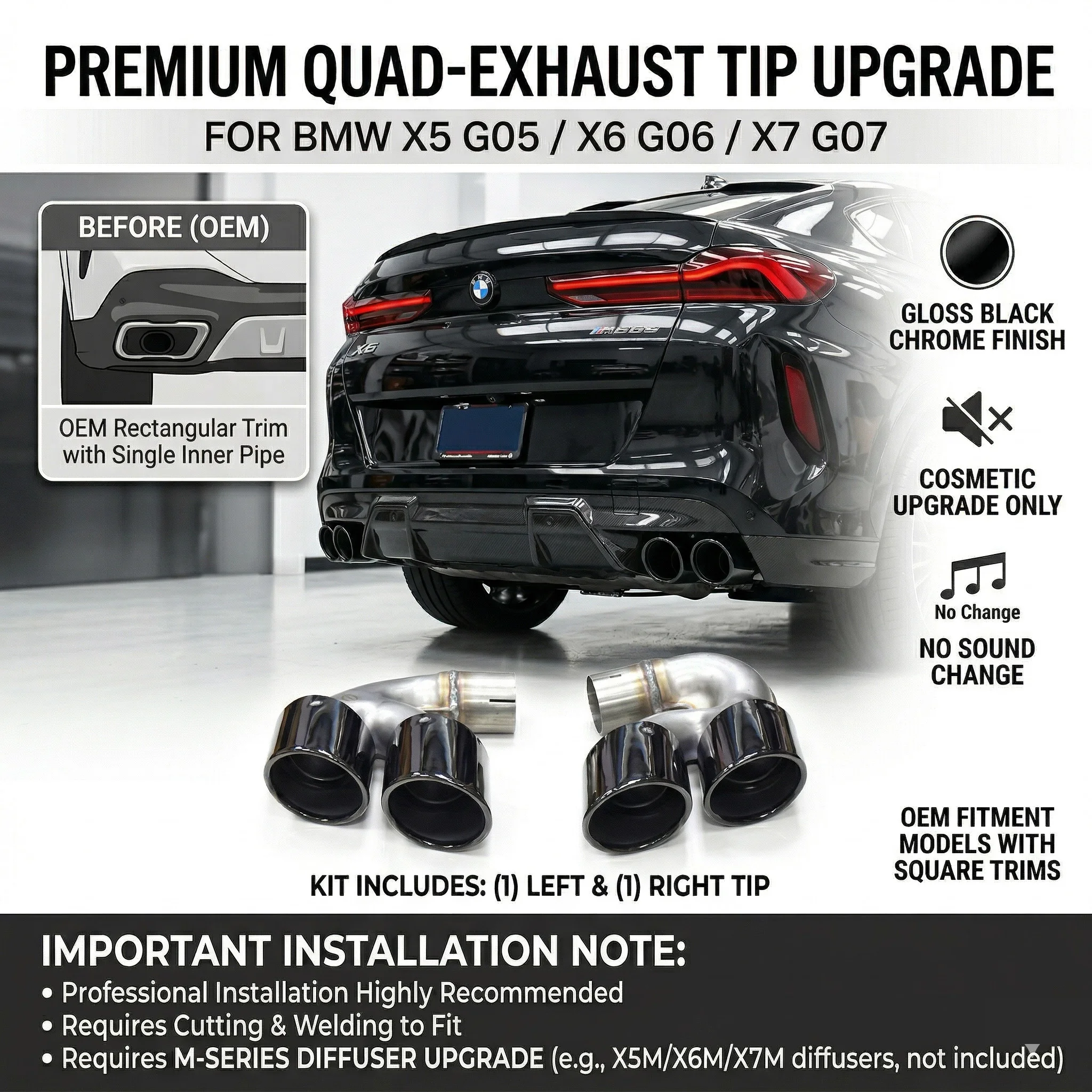 Glossy Black Stainless Quad Exhaust Muffler Tips for BMW X5 G05 X6 G06 X7 G07 30i 40i Upgrade X5M X6M Look