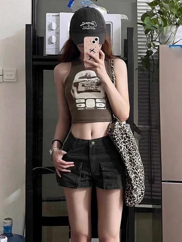 American Design Multi-Pocket Workwear Denim Shorts Women's High Waist Loose Slimming Hot Pants Summer New Style Cotton Polyes...