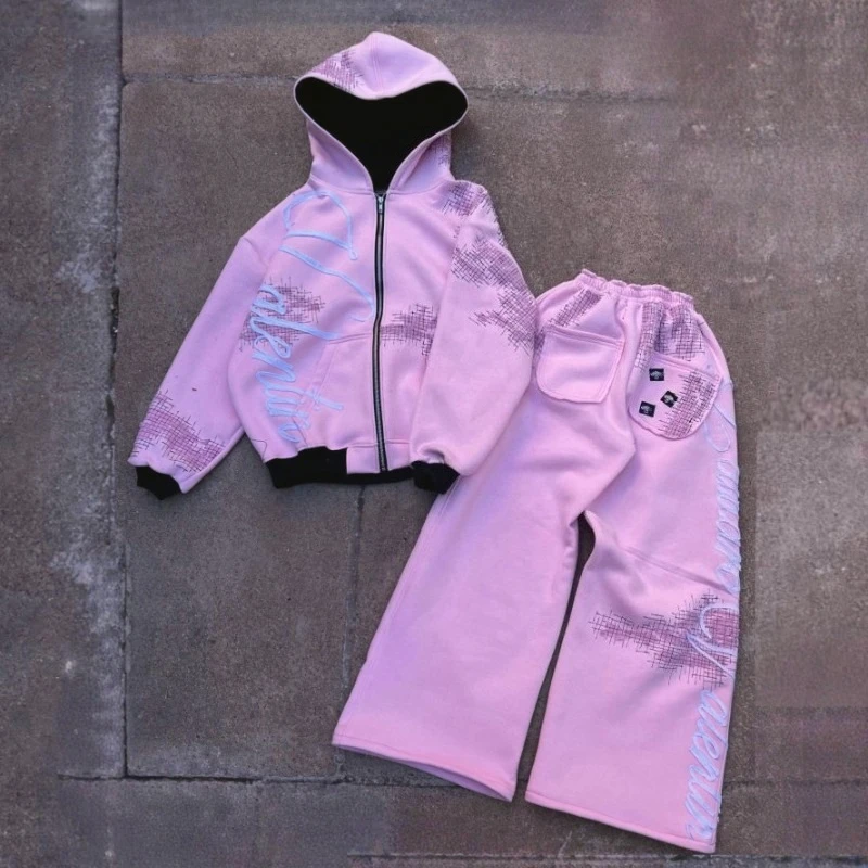 

Верхняя одежда из 2 предметов Co-ords Y2K, модная толстовка с капюшоном в стиле ретро, лоскутная уличная одежда в клетку с надписью, розовый комплект свитшотов унисекс в стиле Харадзюку