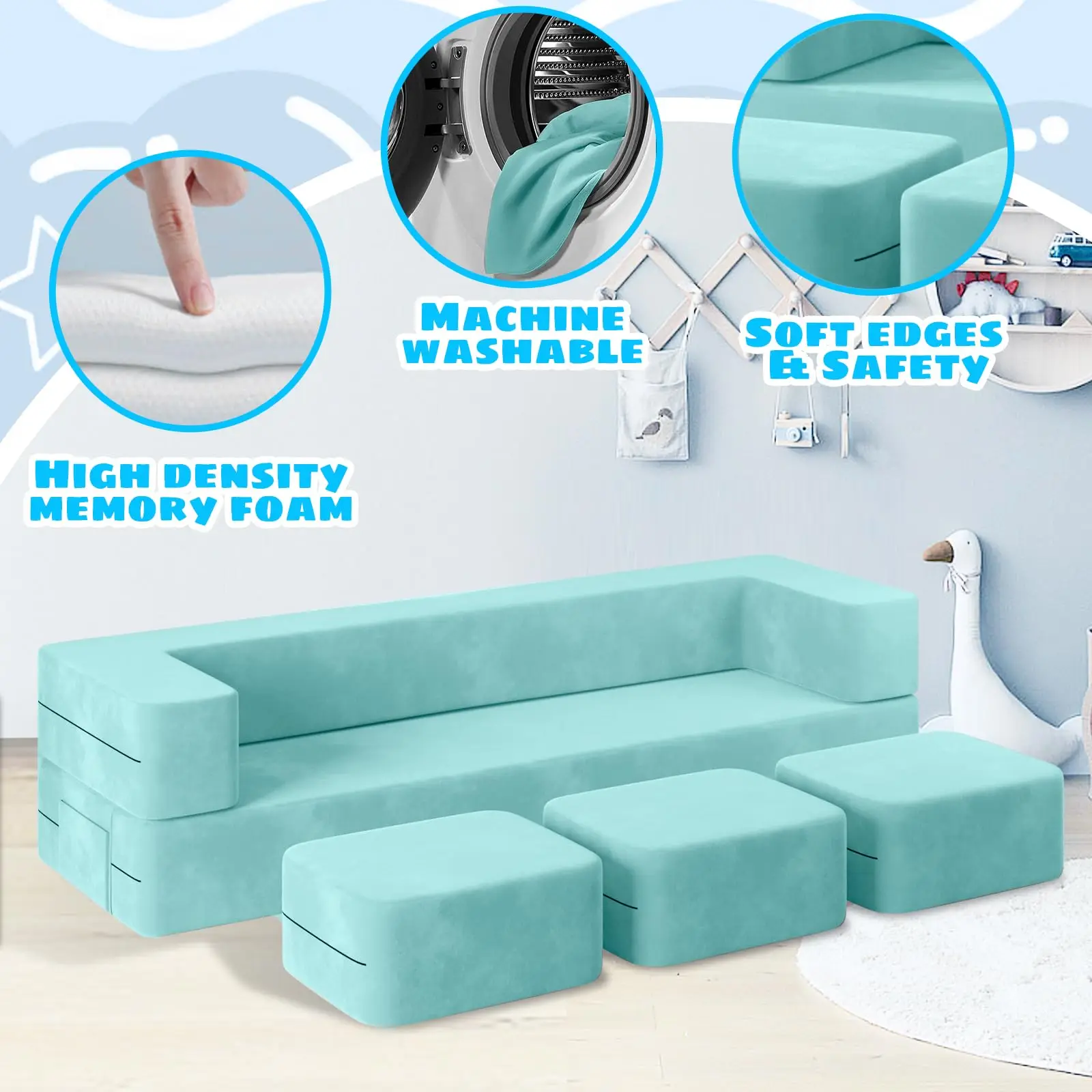 Sofa anak Modular, sofa bermain 5 dalam 1 dengan 3 bangku untuk ruang bermain kamar tidur ekstra besar Modular untuk anak-anak