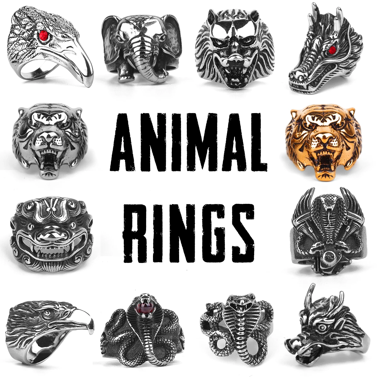 Stainless Steel Animal Men Rings Eagle Dog Dragon Bird Snake Punk Hip Hop Trendy For Male Boy Jewelry Creativity Gift Wholesale